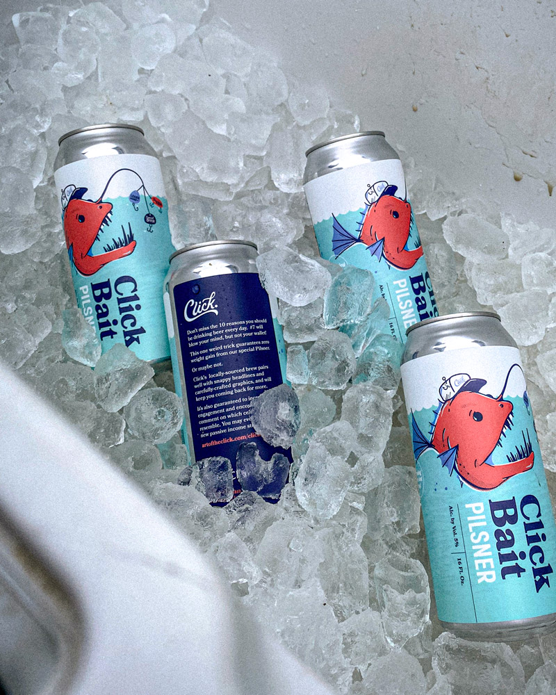 Clickbait beer cans on ice in the cooler