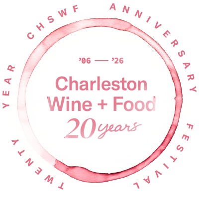 Charleston Wine + Food 20 Year Anniversary festival wine stain badge