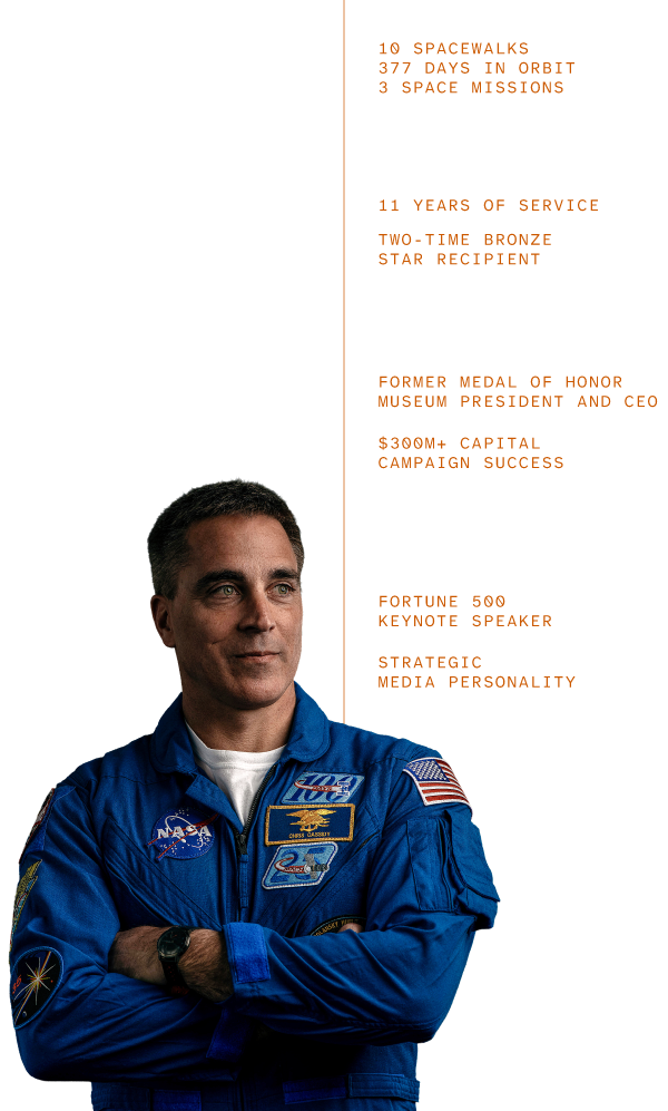 Portrait of Chris Cassidy with statistics and the title "Missions By The Numbers"